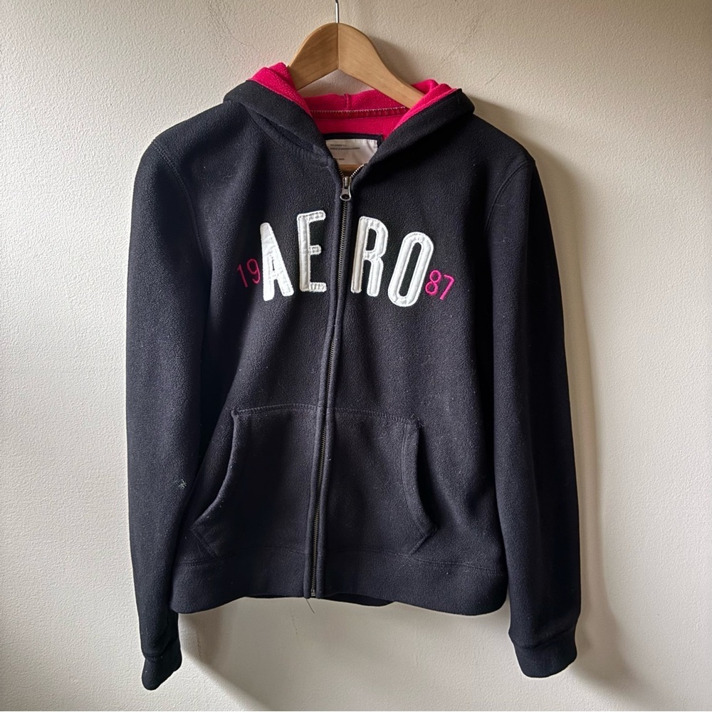 Aeropostale Black and Pink Zip Up Fleece Hoodie